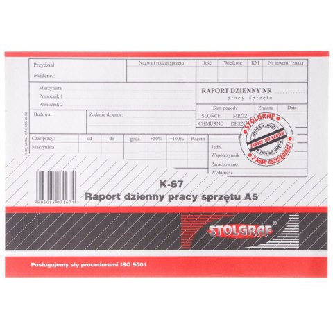Druk offsetowy Stolgraf Raport dzienny pracy sprzeętu A5/100 , k67 A5 100k. (K67) Druk offsetowy Stolgraf Raport dzienny pracy sprzeętu A5/100 , k67 A5 100k. (K67)