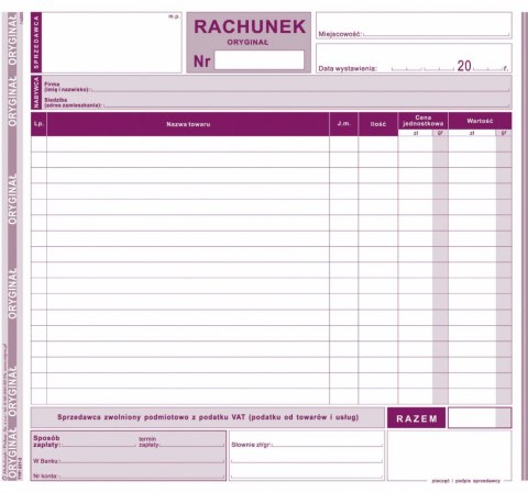Druk samokopiujący rachunek dla zwolnionych podmiotowo z VAT 2/3 A4 80k. Michalczyk i Prokop (231-2)