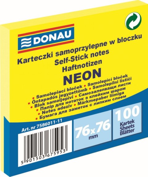 Notes samoprzylepny (karteczki) Neon żółty 100k [mm:] 76x76 Donau (7586011-11)