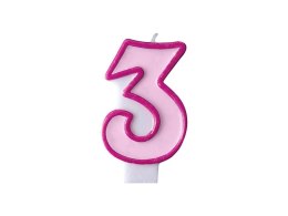 Świeczka urodzinowa Cyferka 3 w kolorze różowym 7 centymetrów Partydeco (SCU1-3-006)