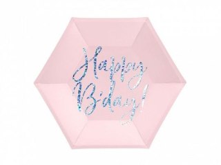 Talerz jednorazowy Happy Bday!, jasny pudrowy róż papier śr. 200mm 6 szt Partydeco (TPP63-081PJ)