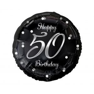 Balon foliowy Godan Happy 50 Birthday, czarny, nadruk srebrny 18cal (FG-O50S)