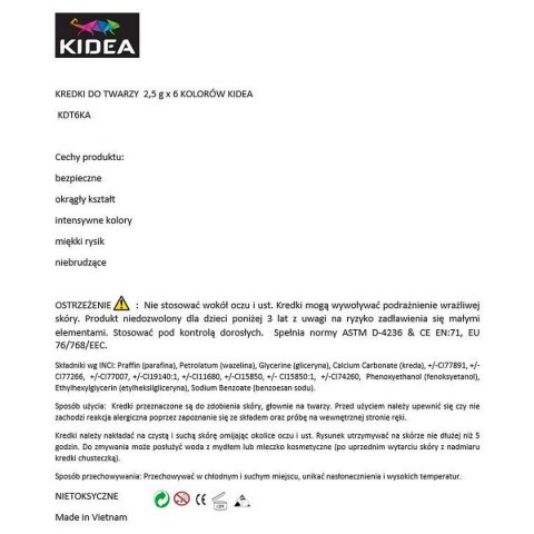 Farba do malowania twarzy 6 kolor. Kidea (KDT6KA)