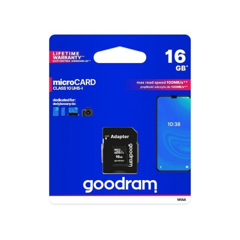 Goodram karta pamięci micro SDHC Class 10 | 16GB | black + Adapter