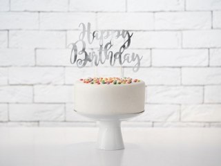 Dekoracja na tort topper na tort Happy Birthday, srebrny, 22,5cm Partydeco (KPT11-018M)