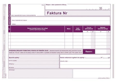 Druk offsetowy Michalczyk i Prokop Faktura dla podatników zwolnionych z podatku VAT A5 80k. (203-3E) Druk offsetowy Michalczyk i Prokop Faktura dla podatników zwolnionych z podatku VAT A5 80k. (203-3E)