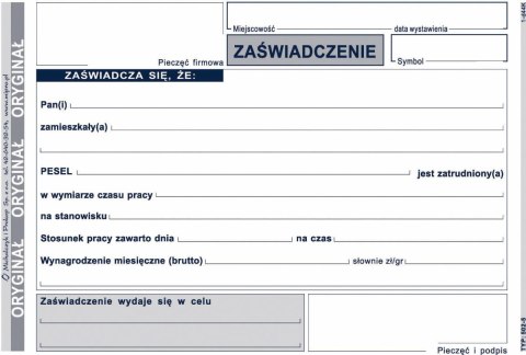 Druk samokopiujący Michalczyk i Prokop Zaświadczenie o zatrudnieniu A6 80k. (502-5) Druk samokopiujący Michalczyk i Prokop Zaświadczenie o zatrudnieniu A6 80k. (502-5)