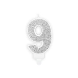 Świeczka urodzinowa cyferka 9 srebrny 7 cm 7cm Partydeco (SCU3-9-0188)