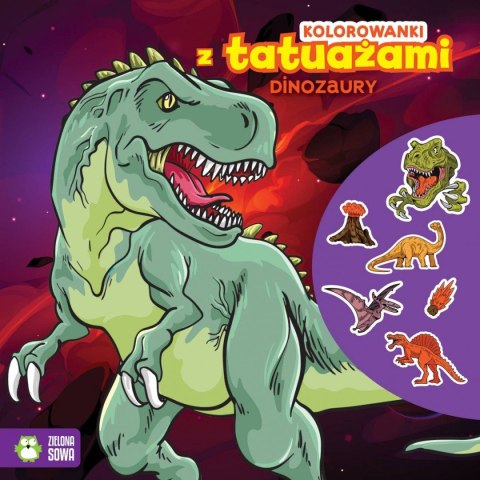 Kolorowanka Zielona Sowa z tatuażami. Dinozaury