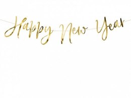 Baner Happy New Year wykonany z papieru w kolorze złotym lustrzanym długość ok. 66 cm, wysokość ok. 18 cm Partydeco (GRL88-019M)