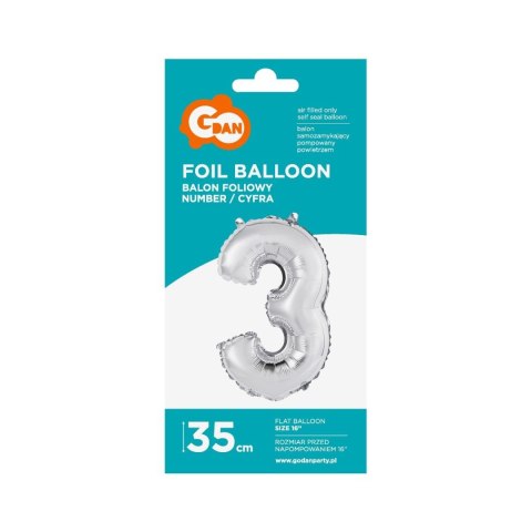 Balon foliowy cyfra 3 srebrny 35 cm Godan (FG-C35S3)