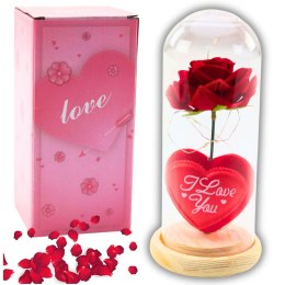 Gadżet Wieczna Róża w Kopule z Oświetleniem LED Czerwona z Serduszkiem 18,5x8cm Lean (21302)