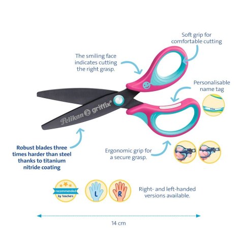 Nożyczki Griffix zaokrąglone praworęczne różowe 14cm Pelikan (300009543)