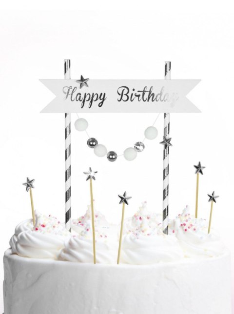 Dekoracja na tort Happy Birthday - pomponiki srebrne Arpex (KK0126SRE-7690)