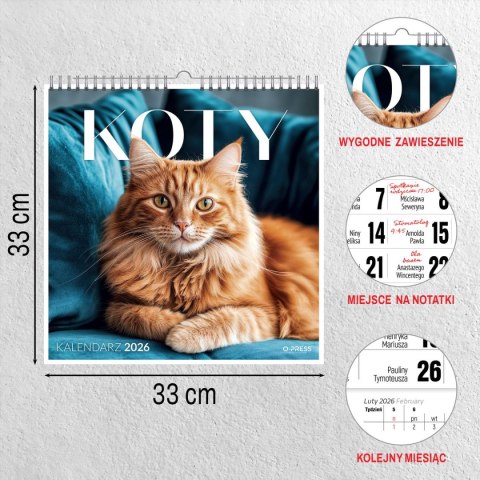 Kalendarz ścienny KOTY 33x33 330mm x 330mm Press