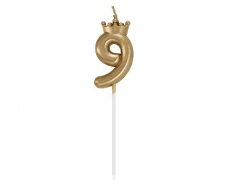 Świeczka urodzinowa cyferka 9, z koroną, szampańskie złoto, 6 cm Godan (HC-SCK9)