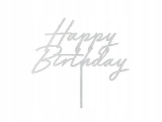 Dekoracja na tort Topper akrylowy Happy Birthday, 18x16.5 cm, srebrny brokatowy Partydeco (KPT83-018)