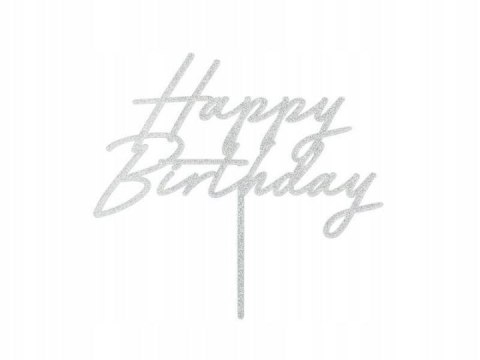 Dekoracja na tort Topper akrylowy Happy Birthday, 18x16.5 cm, srebrny brokatowy Partydeco (KPT83-018)