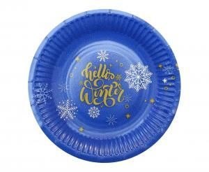Talerz jednorazowy papierowe Hello Winter Navy Blue, certyfikat FSC, 18 cm/ 6 szt. KK papier śr. 180mm 6 szt Godan (PG-TNBS)